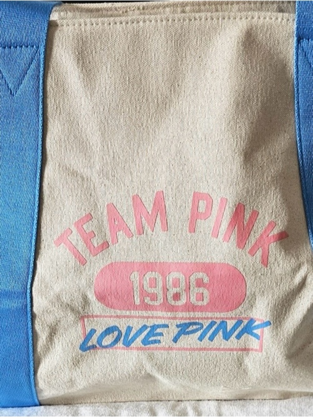 PINK Victoria's Secret Canvas Tote in Natural with Pink and Blue Print